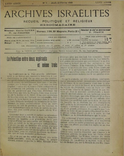 Archives israélites de France. Vol.80 N°07 (13 févr. 1919)
